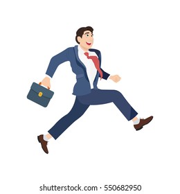 Happy businessman in a suit with a suitcase and runs forward. Isolated on white background