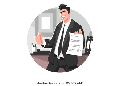 Happy businessman in suit vector illustration. Successful office worker with signed contract paper flat style. Company job and career growth concept. Isolated on white background