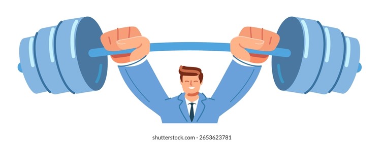 Homem de negócios feliz em terno halterofilismo pesado. Capacidade financeira, conceito de trabalho no escritório