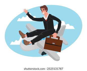 Happy businessman with suitcase sit on top of the plane. Business travel and transportation concept. vector illustration.