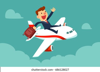 Happy businessman with suitcase sit on top of airplane. Business travel and transportation concept.
