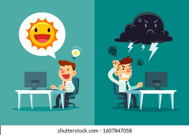 Happy businessman with sun symbol and frustrated businessman with thunder cloud symbol. positive and negative thinking business concept.