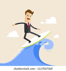 Happy businessman surfing on the wave. Flat vector illustration.