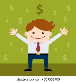 Happy businessman surrounded by dollar sign, vector cartoon
