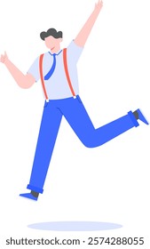 Happy businessman with suspenders and tie is jumping and celebrating success with thumbs up, depicting career growth, achievement, and positive emotion