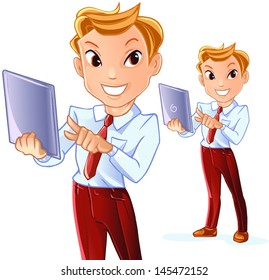 Happy businessman tablet demonstration