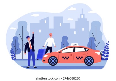 Feliz hombre de negocios tomando taxy. Equipaje, taxi, transporte a la ilustración plana del vector del aeropuerto. Tráfico urbano, viajes, concepto de transporte para banner, diseño de sitio web o página web de aterrizaje