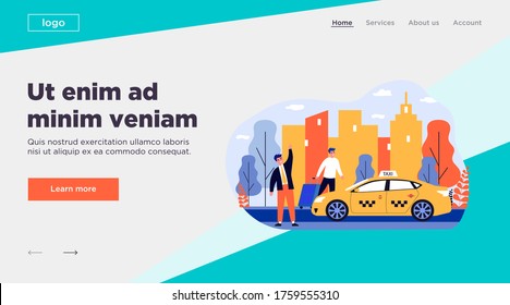 Happy businessman taking taxy. Luggage, cab, transport to airport flat vector illustration. City traffic, travel, transportation concept for banner, website design or landing web page