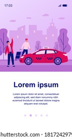 Happy businessman taking taxy. Luggage, cab, transport to airport flat vector illustration. City traffic, travel, transportation concept for banner, website design or landing web page