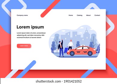 Happy businessman taking taxy. Luggage, cab, transport to airport flat vector illustration. City traffic, travel, transportation concept for banner, website design or landing web page