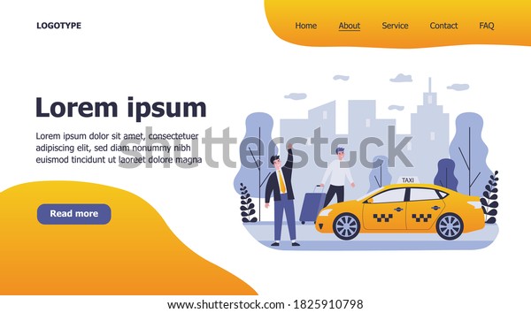 Happy
businessman taking taxy. Luggage, cab, transport to airport flat
vector illustration. City traffic, travel, transportation concept
for banner, website design or landing web
page
