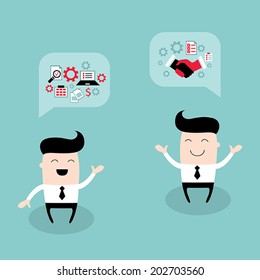 Happy businessman talking about partnership and strategy. Business success concept. Vector illustration