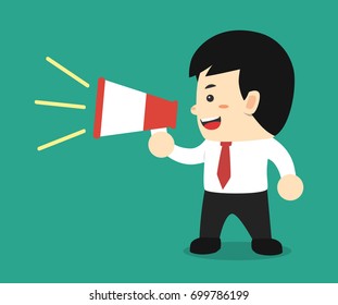 Happy businessman talking into megaphone. Make an announcement.