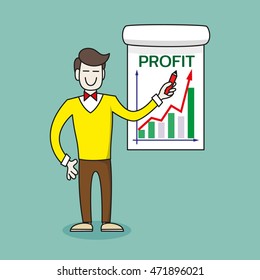 Happy businessman or teacher or coach with marker stands near the board. Man points to poster with the Schedule of Profit. Vector