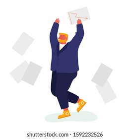 Happy Businessman Throw Out Pile of Office Papers and Documents Quit Paperwork and Daily Routine. Manager Employee Administrative Working Bureaucracy, Big Data. Cartoon Flat Vector Illustration