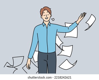 Happy businessman throw paperwork feel relieved or stress free. Smiling male employee throwing papers or documents. Vector illustration. 