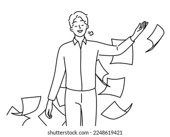 Happy businessman throw paperwork feel relieved or stress free. Smiling male employee throwing papers or documents. Vector illustration. 