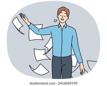 Happy businessman throw paperwork feel relieved or stress free. Smiling male employee throwing papers or documents. Vector illustration.