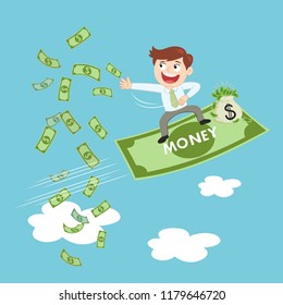 Happy businessman throwing out money banknotes, illustration vector cartoon