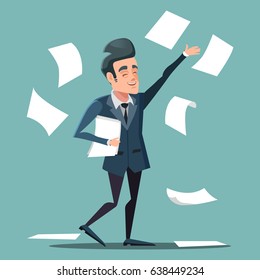 Happy Businessman Throwing Papers at the Office. Vector cartoon illustration