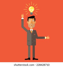 Happy businessman with thumbs up get the idea. Vector illustration in flat design style.