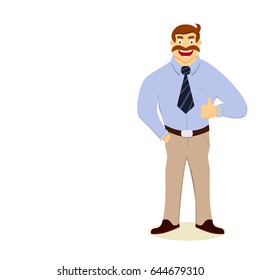 Happy businessman thumbs up sign on white background