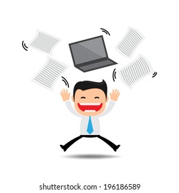 Happy businessman tossing papers,excited about something