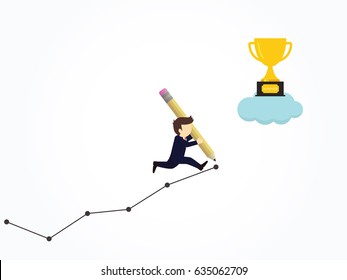 Happy businessman use pencil to create his own graph to success.