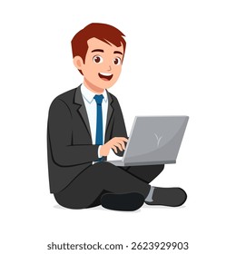 Happy Businessman Using Laptop While Sitting Cross-Legged on the Floor Isolated