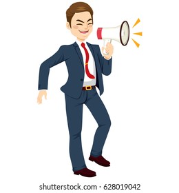 Happy businessman using megaphone making an announcement
