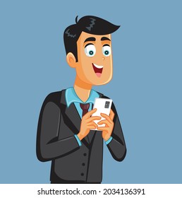 Happy Businessman Using Phone Vector Illustration. Smiling corporate employee using hos smartphone for work related activities
