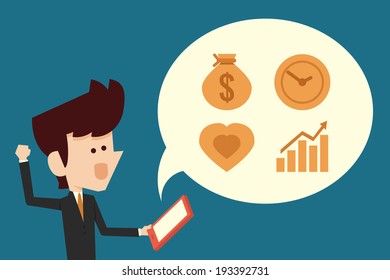 happy businessman using tablet, vector