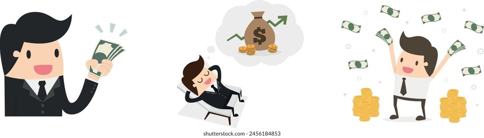 Happy Businessman Vector illustration. Money in hand, Money Bills Falling, Dreaming of financial growth in business