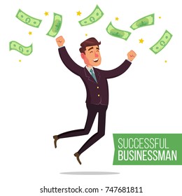 Happy Businessman Vector. Money Bills Falling. Office Worker Getting A Lot Of Money. Poster With Winner Cheerful Manager. Isolated Character Cartoon Illustration
