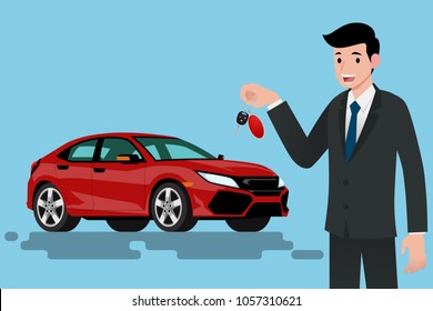 A happy businessman, vehicle seller is standing and holding a key of brand new car for sale. Vector illustration design.