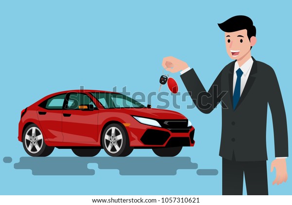 A\
happy businessman, vehicle seller is standing and holding a key of\
brand new car for sale. Vector illustration\
design.