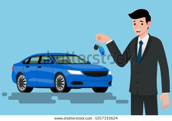 A\
happy businessman, vehicle seller is standing and holding a key of\
brand new car for sale. Vector illustration\
design.