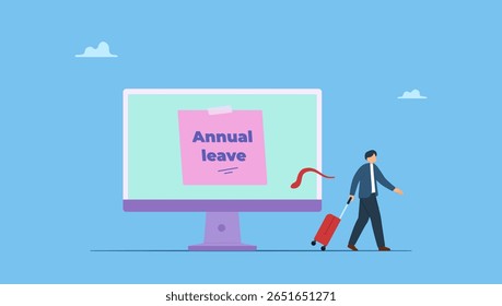 Happy businessman walking with luggage from an off desktop with annual leave note. Symbolizes take day off or vacation to rest and relax from hard work, time or schedule reminder of annual leave.