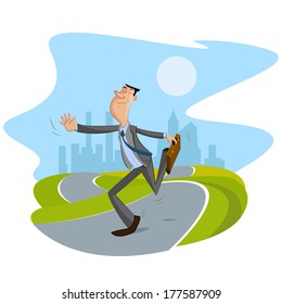 happy businessman walking on road with cityscape backdrop