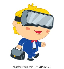 Happy businessman walking and using virtual reality headset