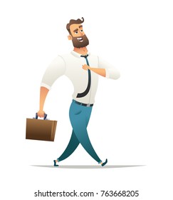 Happy businessman walks or strolls. Cheerful manager goes to work. Cheracter design illustration