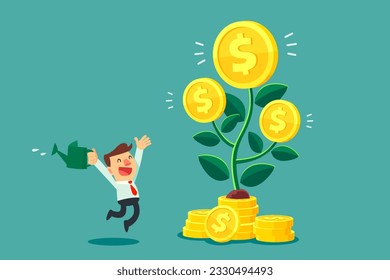 happy businessman with watering can jumping with joy in front of very big money tree that he grows. Cartoon businessman growing wealth. Investment business concept.