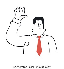 Happy businessman waving his hand. Outline, linear, thin line, doodle art. Simple style with editable stroke.