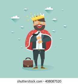 Happy Businessman wearing a crown. Successful business story concept. Vector colorful illustration in flat style