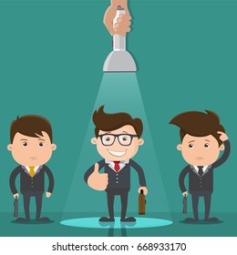 Happy businessman wearing glasses holding a suitcase in spotlight. Thumbs up.In the Spotlight. Hand holding flashlight. Search concept.Vector illustration.Leadership Concept. Businessman are selected.