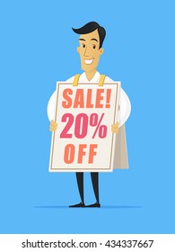 Happy businessman wearing sandwich advertising board with sale ad vector cartoon illustration. svg