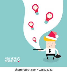 Happy businessman wearing Santa Claus hat and serve ideas on the plate. New Year - New Ideas. Merry Christmas, business people! Business success and profit concept. Vector illustration