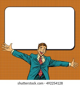 Happy businessman welcomes on white background, pop art retro vector illustration