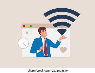 Happy businessman and WIFI logo. Flat vector illustration