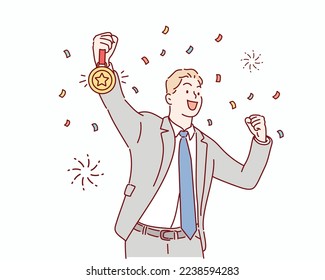 happy businessman winner with award champion gold medal celebrates victory and success. Hand drawn style vector design illustrations.